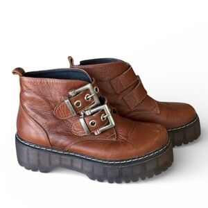 LB Brown Leather Boots, high translucent lug platform, heavy duty buckles 37 EUC